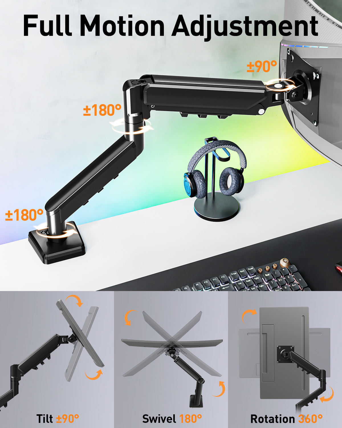 MOUNT PRO Single Monitor Desk Mount for 13-32 Inch Screen, Adjustable Gas Spring Monitor Arm, Computer Monitors Stand with Clamp/Grommet Mounting Base, VESA Mounts Fit 4.4-19.8 lbs Computer