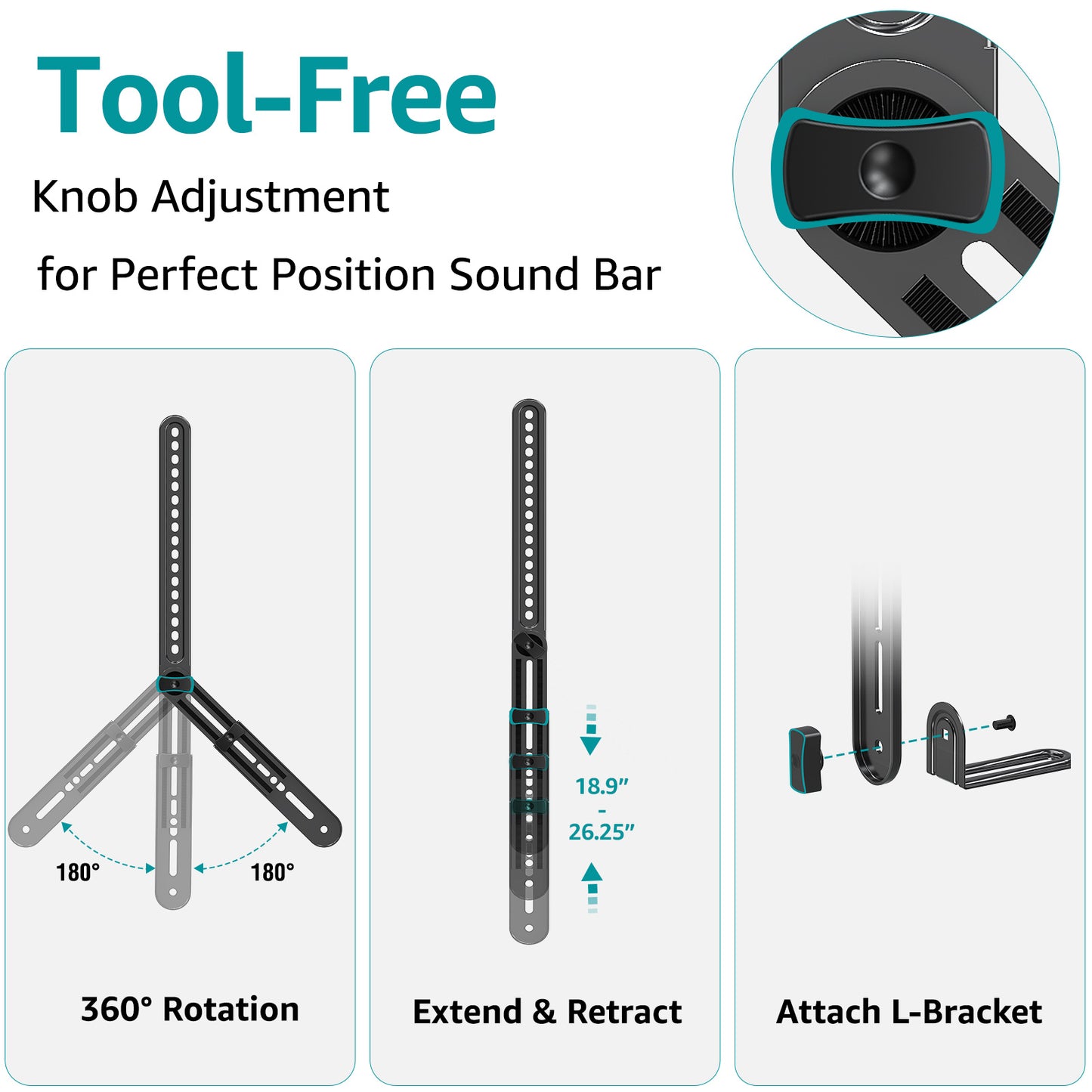 MOUNT PRO Soundbar Mount, Sound Bar TV Bracket, for Mounting Above or Under TV, Fits Sound Bars Up to 15 Lbs, Tool-Free Knob Adjustable Soundabr Bracket with Mounting Hardware