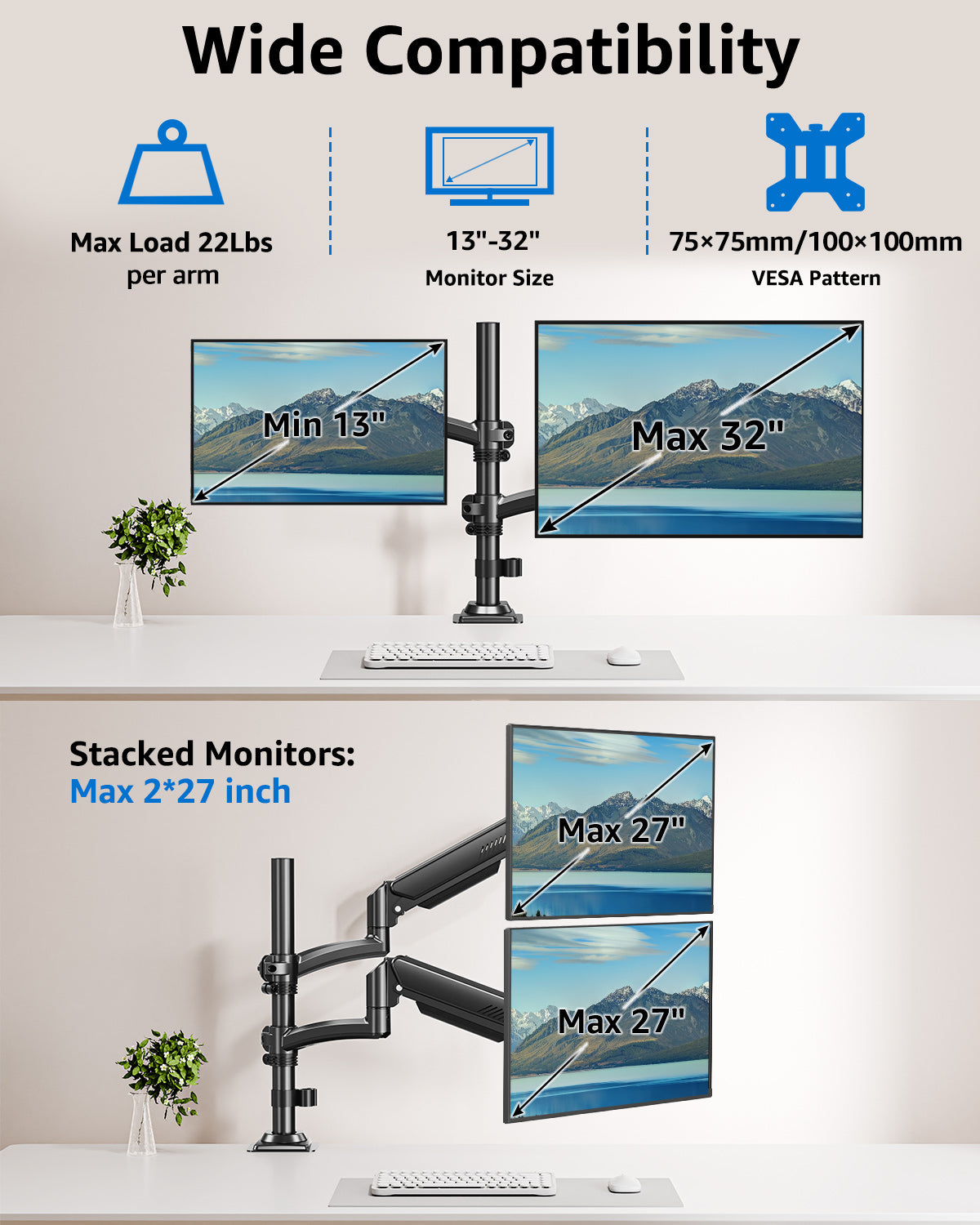MOUNT PRO Freelift Dual Monitor Arm with Adjustable Gas Spring Stand, VESA 75x75/100x100, 4.4-22 lbs, Black