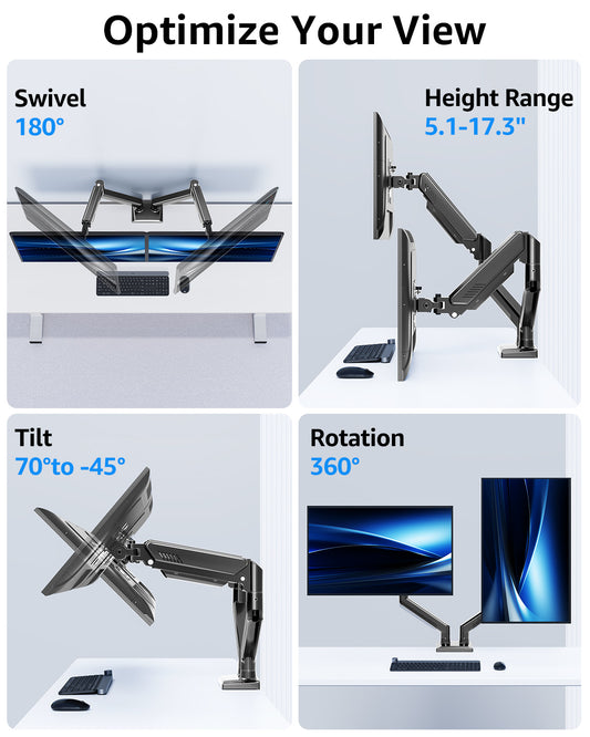 MOUNT PRO Dual Monitor Stand for 13- 32 inch, 4.4-19.8 lbs Screens, Dual Monitor Desk Mount Height Adjustable, Monitor Arms for 2 Monitors, Home Office VESA Mounts with Gas Spring