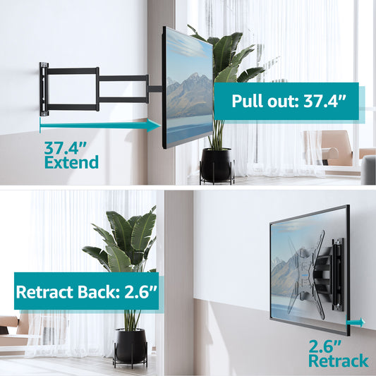 MOUNT PRO Long Arm TV Wall Mount for Most 26-65 Inch TVs, Corner TV Mounts with 37.4 Inch Extension Arm, Swivel Tilt Single Stud Full Motion Bracket Max VESA 400x400mm, Holds to 77 lbs